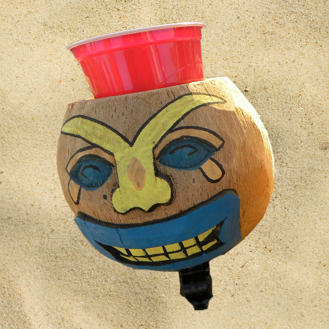 Coconut Bicycle Drink Holder, Natural Hand Made - Sad Face